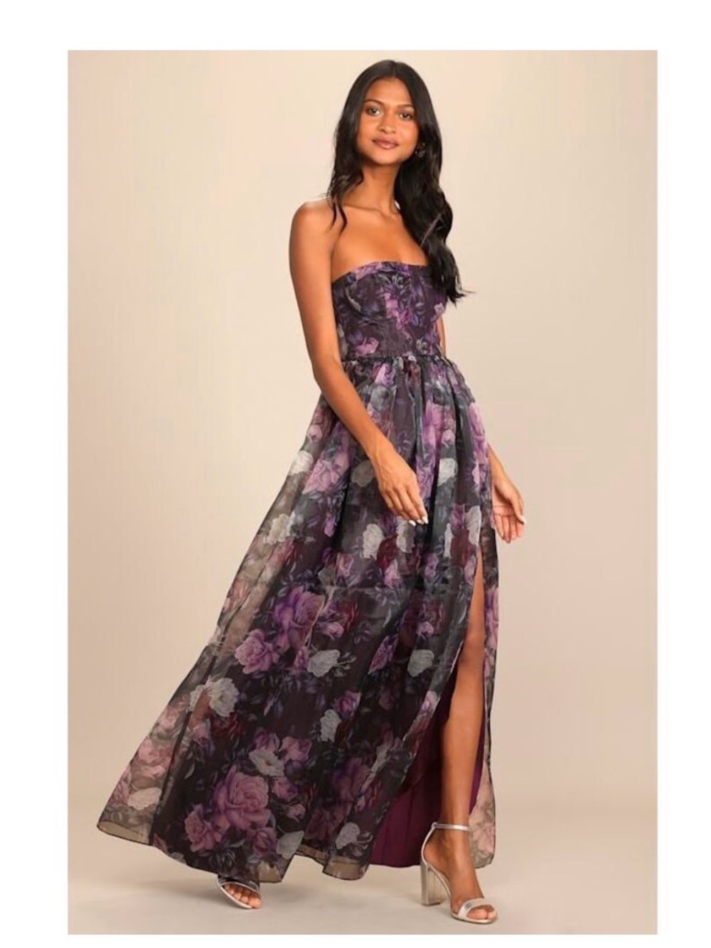 Lulu's Strapless Floral Maxi Dress in Purple and Black